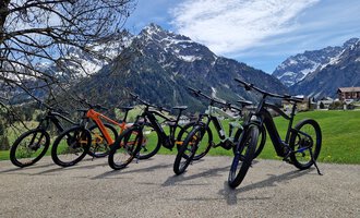 Eine Reihe von Fahrrädern steht auf einem Weg mit einer beeindruckenden Bergkulisse im Hintergrund. Der Himmel ist klar und die Landschaft zeigt frisches, grünes Gras. | © Austrian Ski- & Service Ranch | Trixi Leitner
